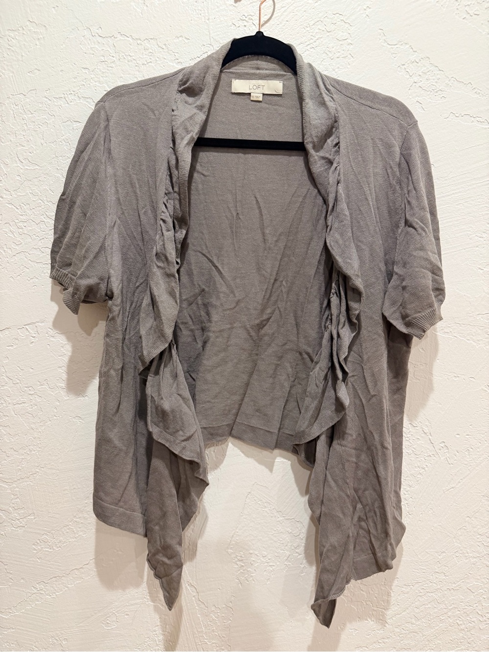 LOFT Gray Ruffled Open Front Short Sleeve Cardigan